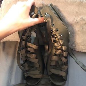 Lace up army green satin heels